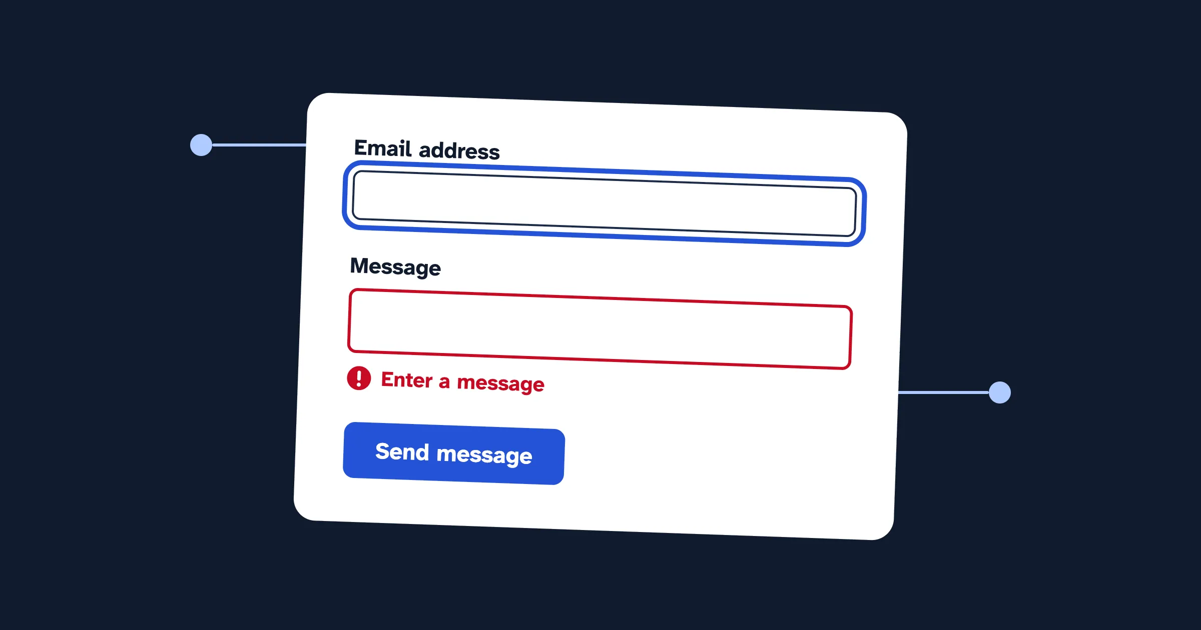 A form with an Email address field showing a blue focus ring, a Message field with a red border and the error Enter a message beside a warning icon, and a Send message button.